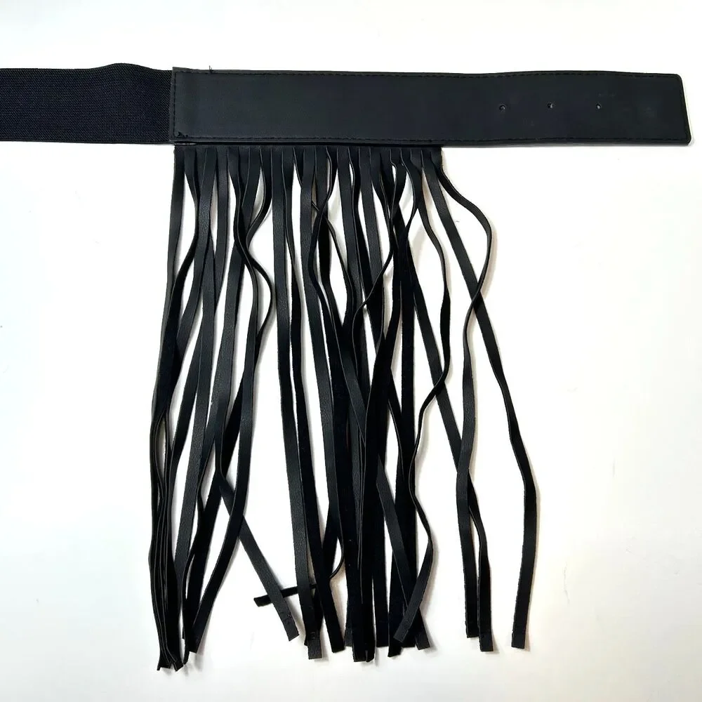 Women's NWOT Black Fringe Clear Gem Detail Buckle Elastic and Faux Leather Belt